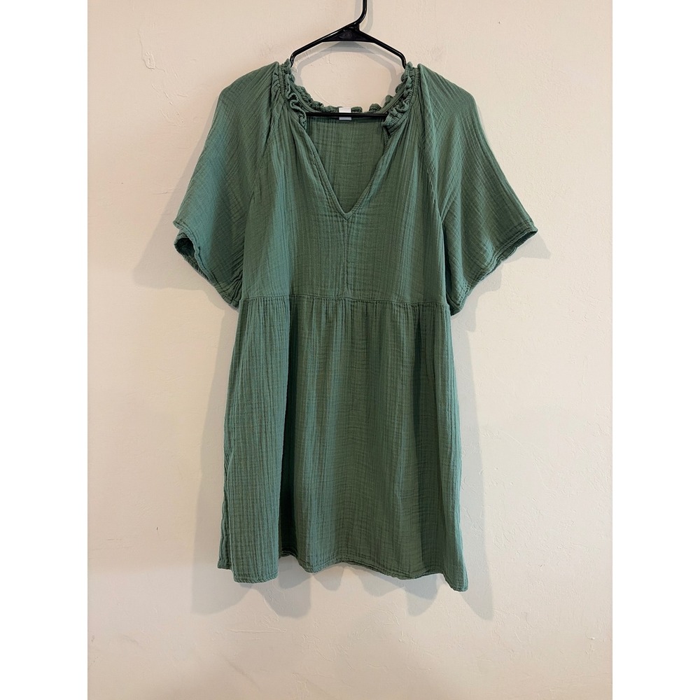 Old Navy Dried Herb Green Gauze SS Demi Swing Dress Cotton Ruffle Neck Medium